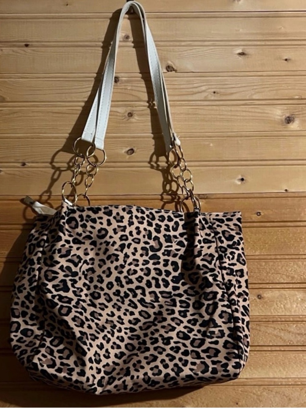 Leopard Print Tote Bag with White Chain-Strap Handles